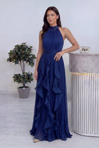 Fermuarlı volanlı bele oturan A kesim uzun boy petrol mavi abiye elbise şifon