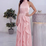 Pudra Halter Yaka Fırfırlı Şifon Uzun Abiye