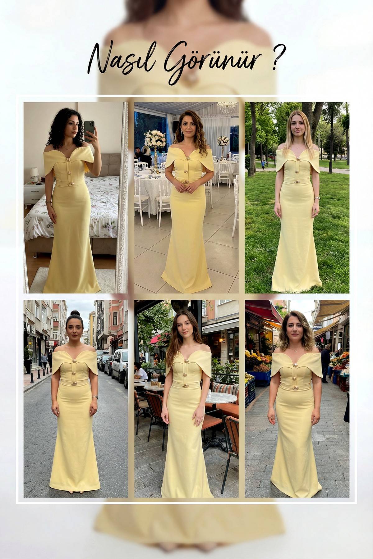Sarı Düşük Omuz Korseli Uzun Abiye Gold Düğme Detaylı Denemeleri