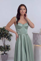 Su Yeşili Saten Korseli Glop Midi Abiye – Mezuniyet