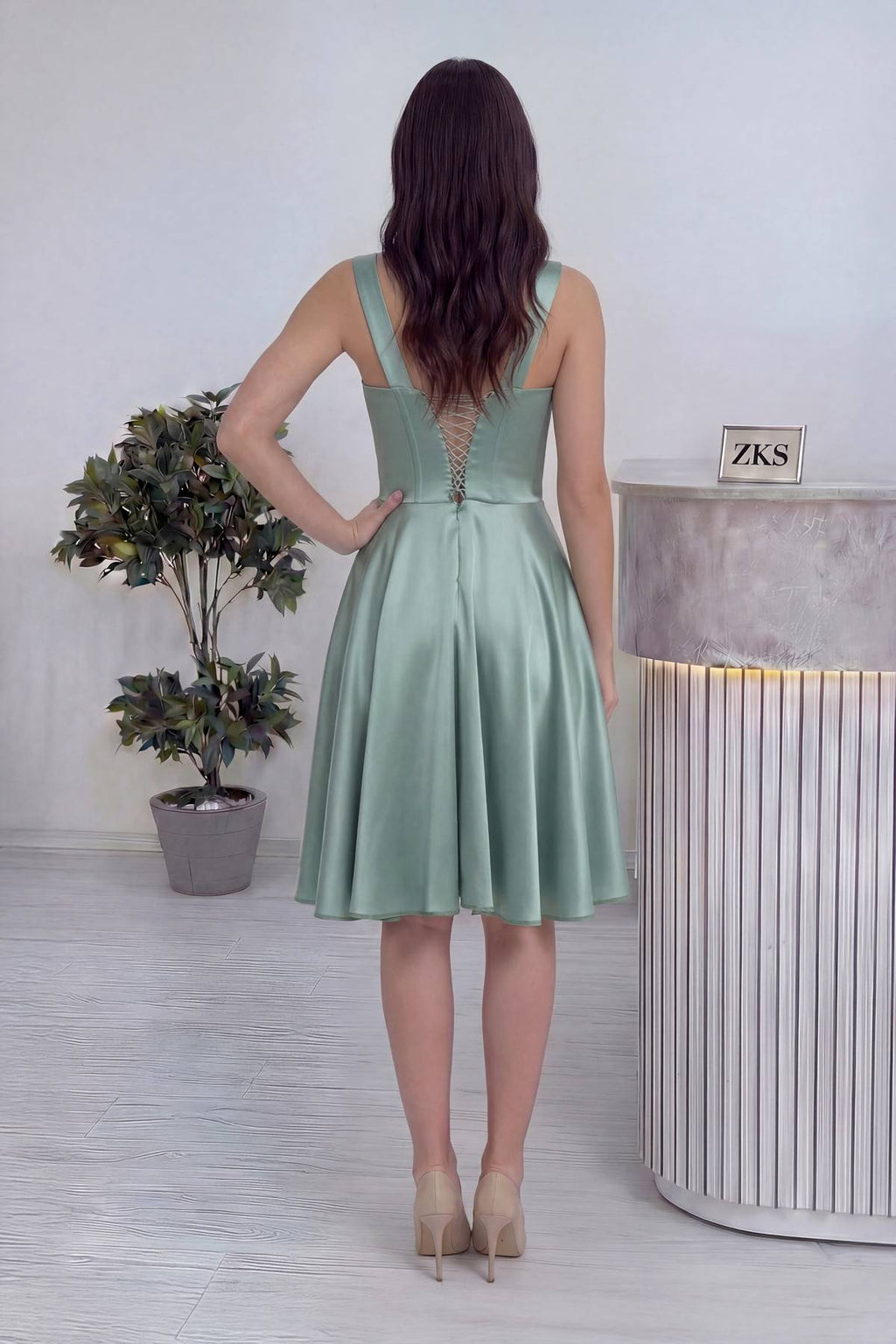 Su Yeşili Saten Korseli Glop Midi Abiye – Mezuniyet