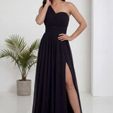 Siyah Tek Omuz Piliseli Kloş Abiye Elbise