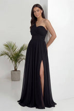 Siyah Tek Omuz Piliseli Kloş Abiye Elbise