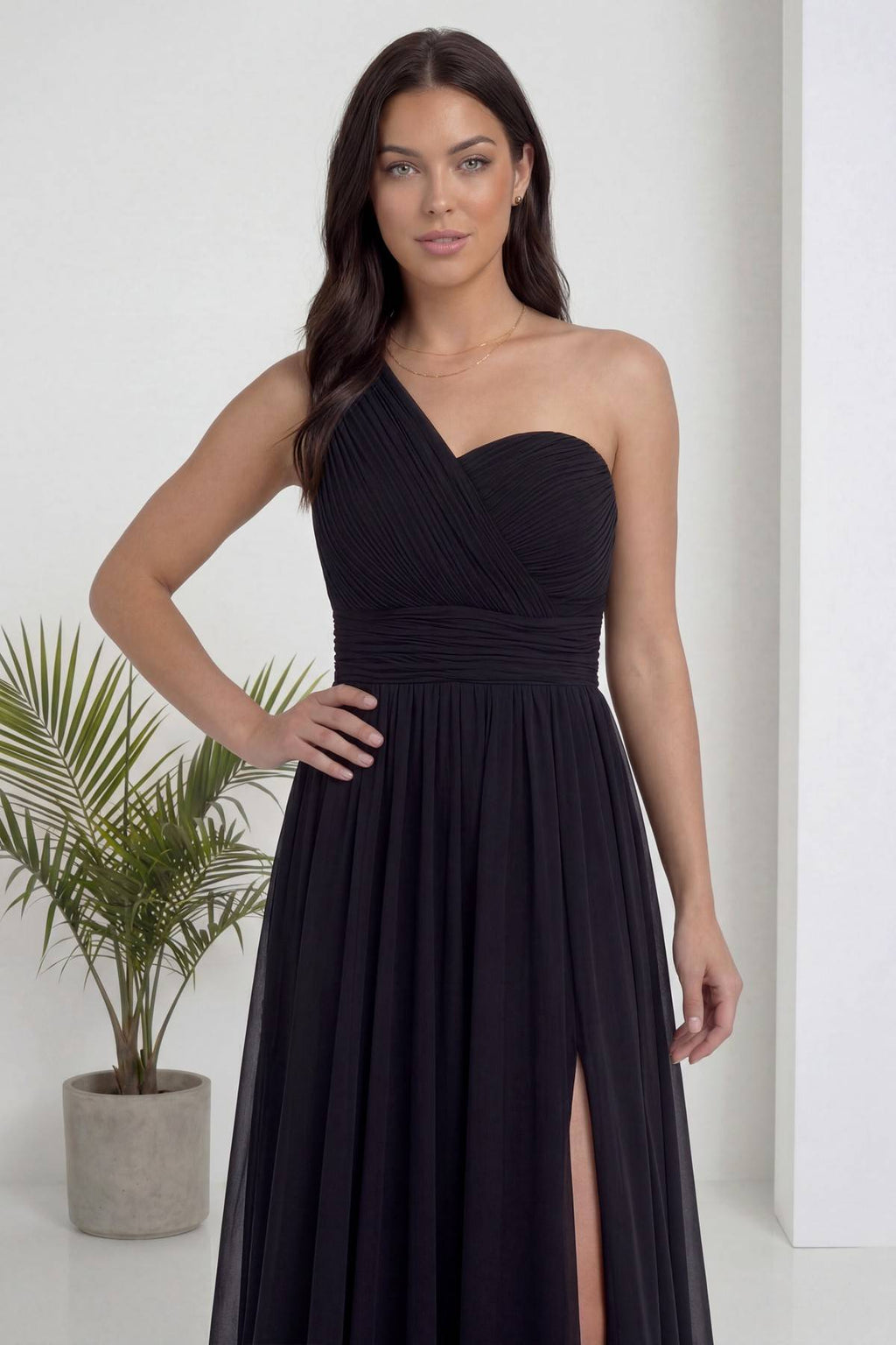 Siyah Tek Omuz Piliseli Kloş Abiye Elbise