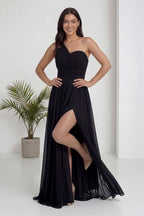 Siyah Tek Omuz Piliseli Kloş Abiye Elbise