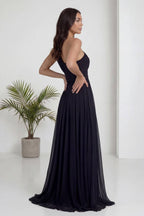 Siyah Tek Omuz Piliseli Kloş Abiye Elbise