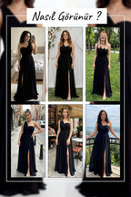 Büyük Beden Siyah Tek Omuz Piliseli Şifon Uzun Abiye Denemeleri