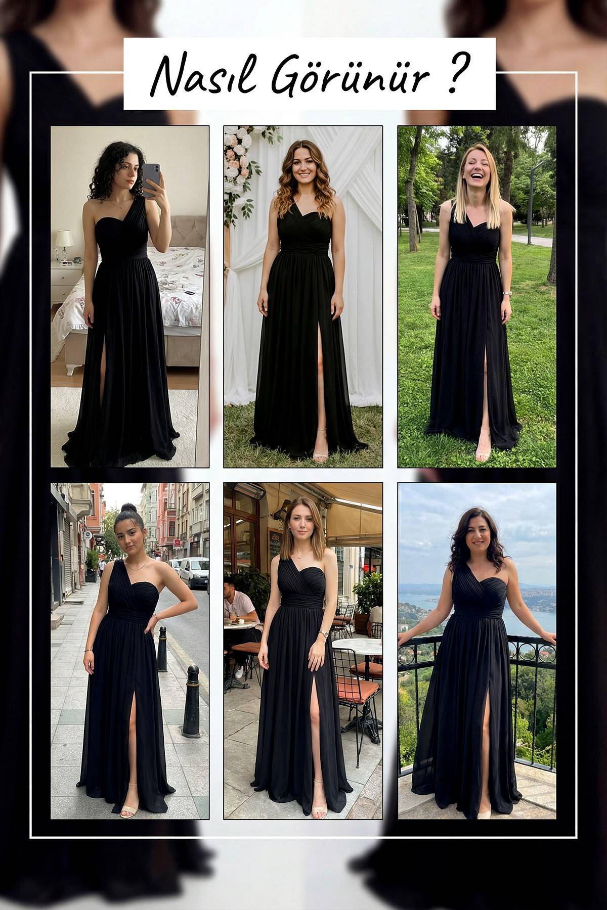 Büyük Beden Siyah Tek Omuz Piliseli Şifon Uzun Abiye Denemeleri