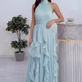 Su Yeşili Halter Yaka Fırfırlı Şifon Uzun Abiye – Davet