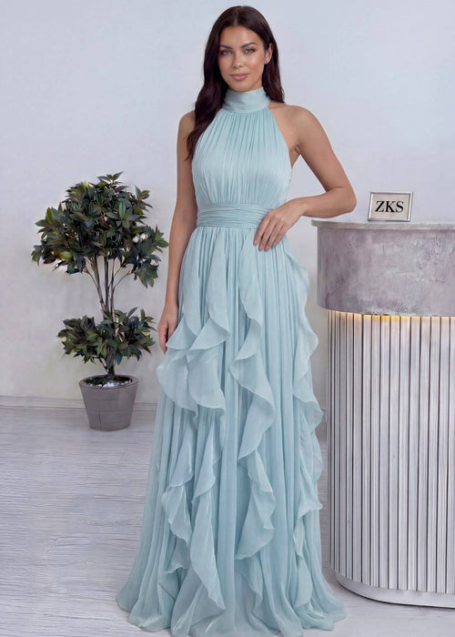 Su Yeşili Halter Yaka Fırfırlı Şifon Uzun Abiye – Davet