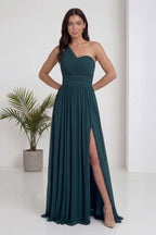 Zümrüt Yeşili Tek Omuz Piliseli Kloş Abiye Elbise