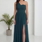 Zümrüt Yeşili Tek Omuz Piliseli Kloş Abiye Elbise