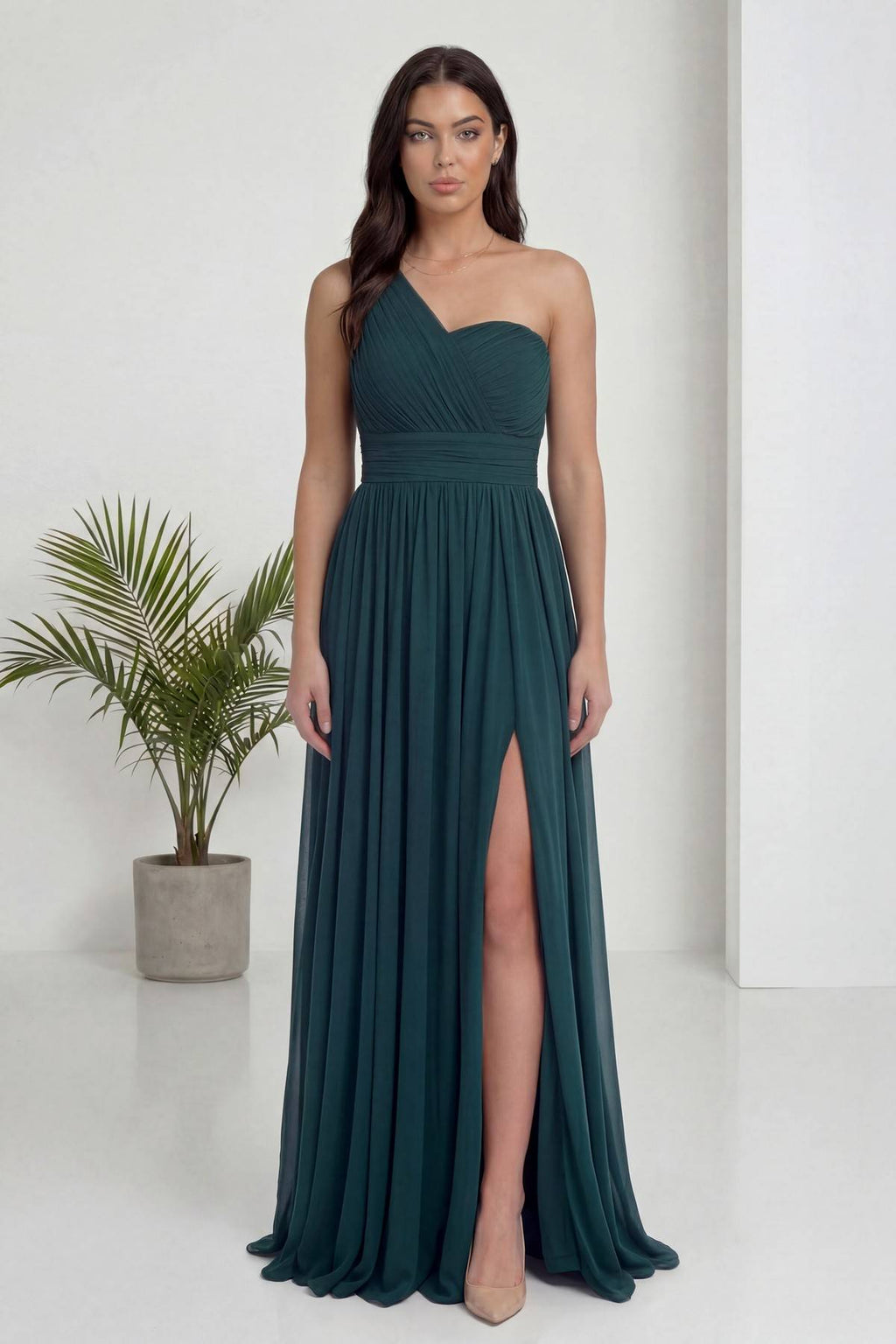 Boydan  detay uzun şifon yeşil kadın büyük beden tasarım abiye 