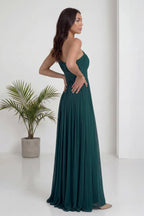 Zümrüt Yeşili Tek Omuz Piliseli Kloş Abiye Elbise