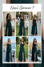 Zümrüt Yeşili Tek Omuz Piliseli Kloş Abiye Elbise