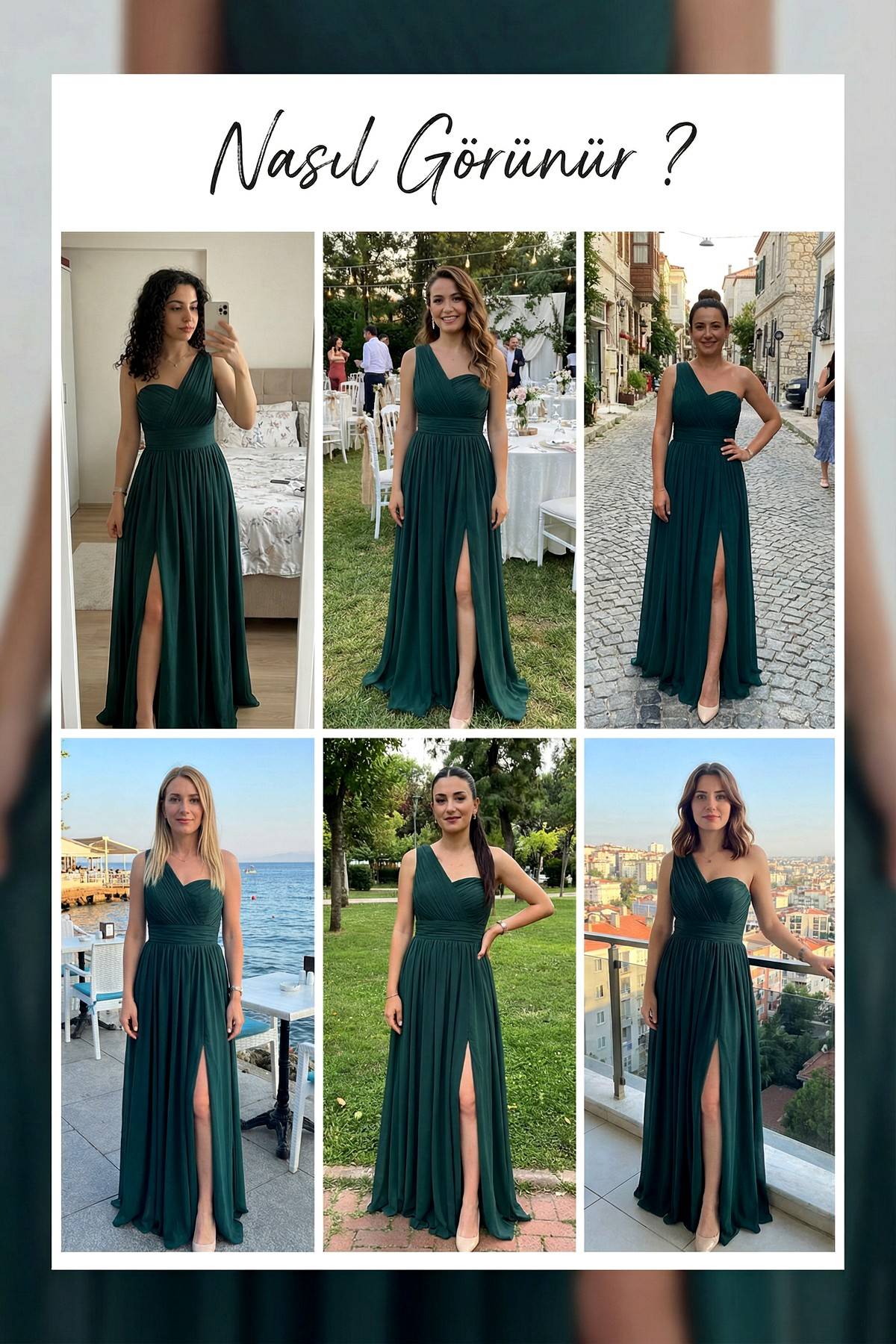 Büyük Beden Yeşil Tek Omuz Piliseli Şifon Uzun Abiye Elbise Denemeleri 