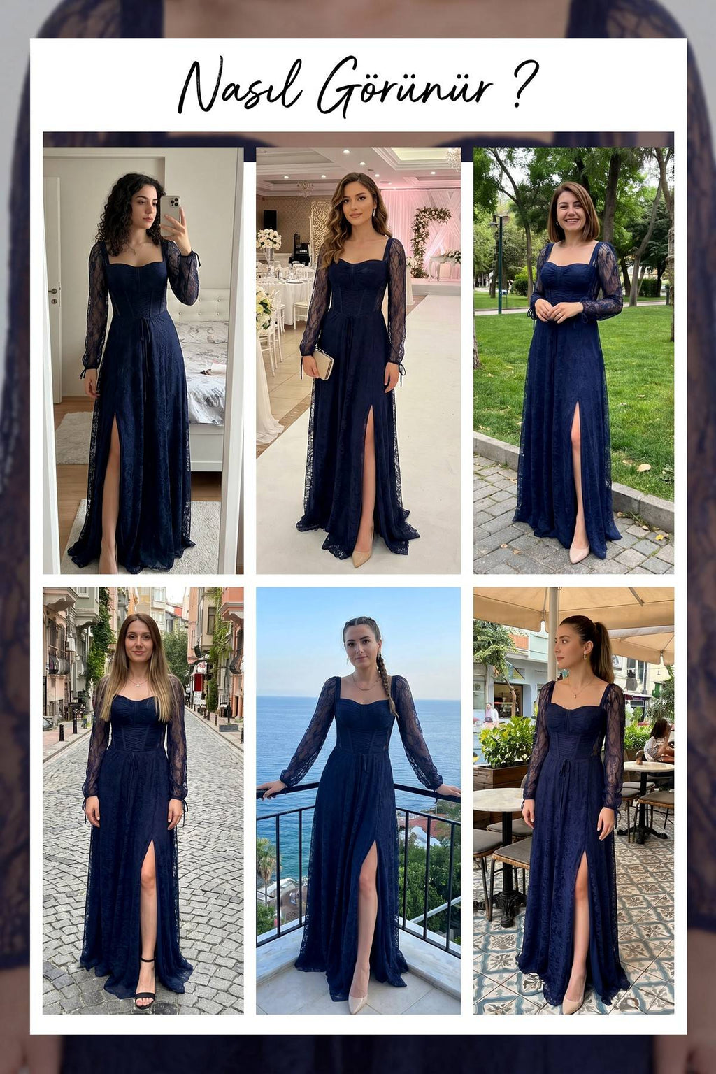Lacivert Dantel Kumaş Korse Detaylı Uzun Yırtmaçlı Abiye Elbise