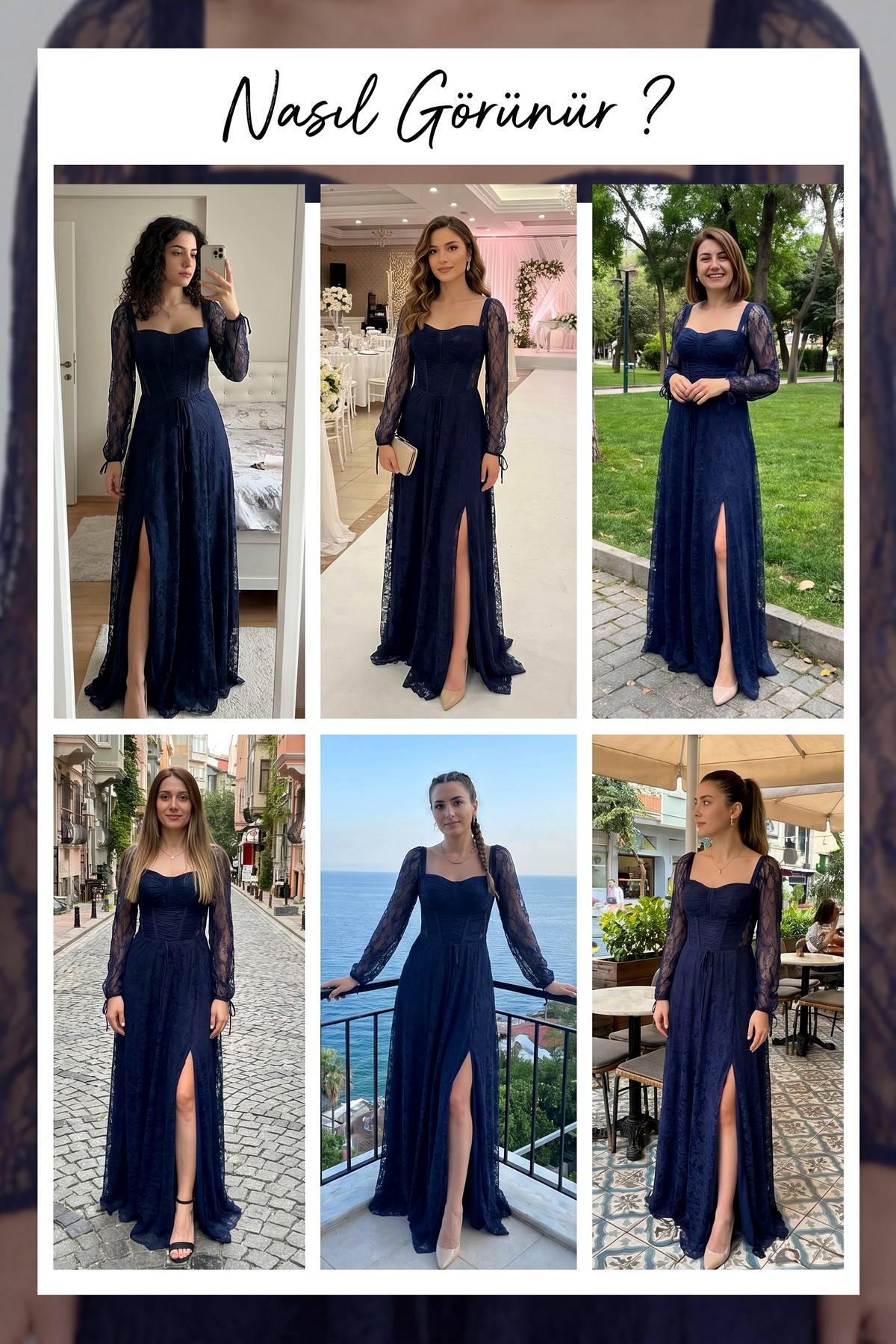 Lacivert Dantel Kumaş Korse Detaylı Uzun Yırtmaçlı Abiye Elbise