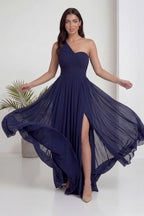 Lacivert Tek Omuz Piliseli Kloş Abiye Elbise