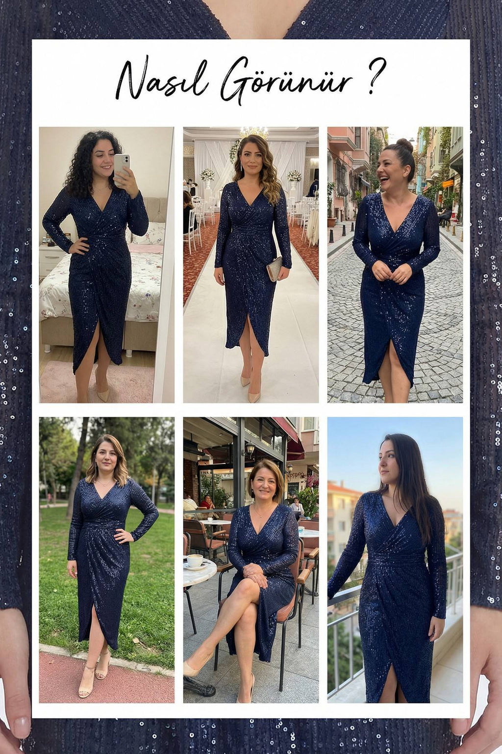 Büyük Beden Lacivert Pul Payet Kruvaze Uzun Kollu Midi Abiye