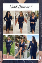 Büyük Beden Lacivert Pul Payet Kruvaze Uzun Kollu Midi Abiye