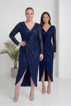 Lacivert Kruvaze Yaka Payet Tasarım Uzun Kollu Abiye Elbise