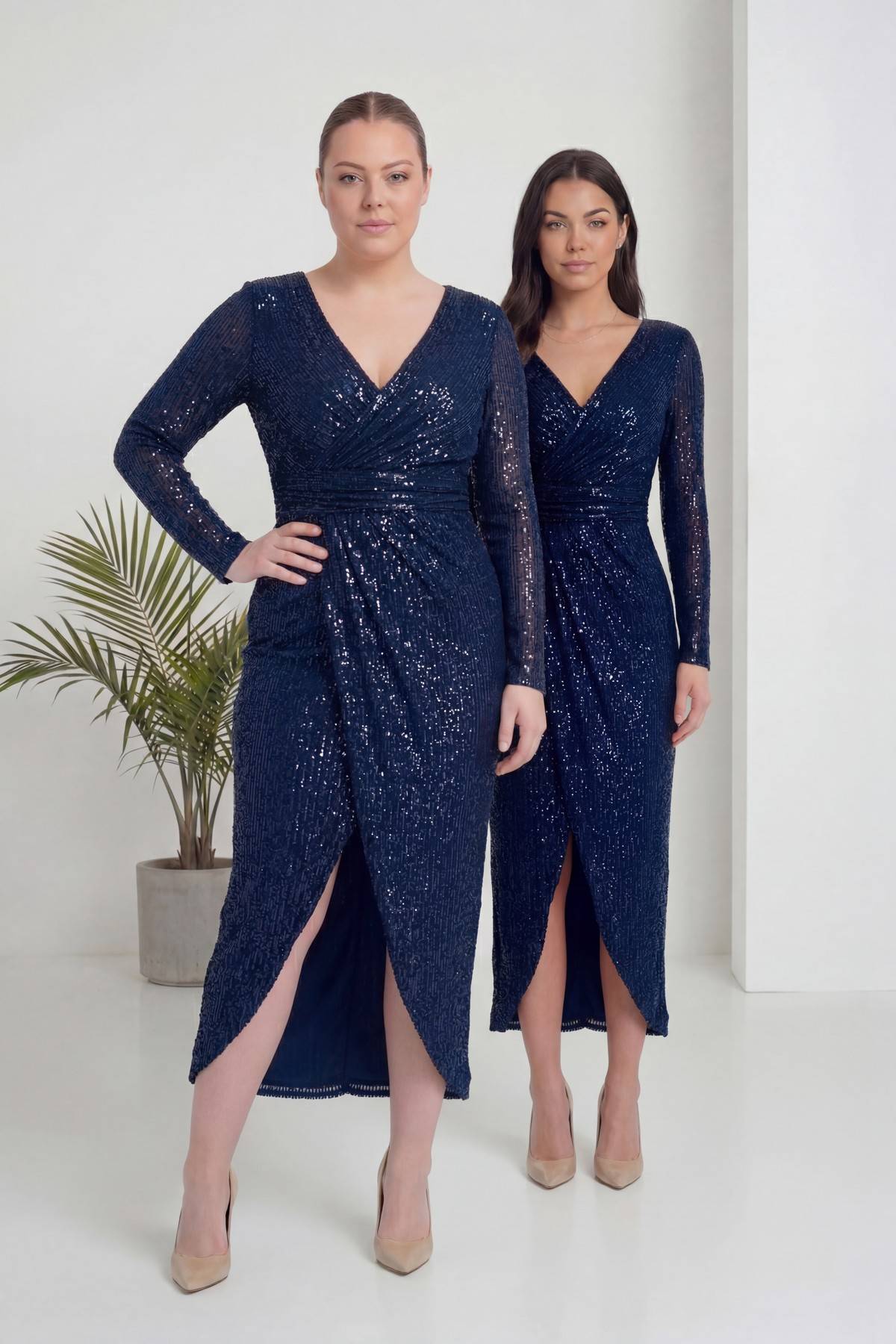 Büyük Beden Lacivert Pul Payet Kruvaze Uzun Kollu Midi Abiye