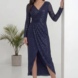 Lacivert Kruvaze Yaka Payet Tasarım Uzun Kollu Abiye Elbise