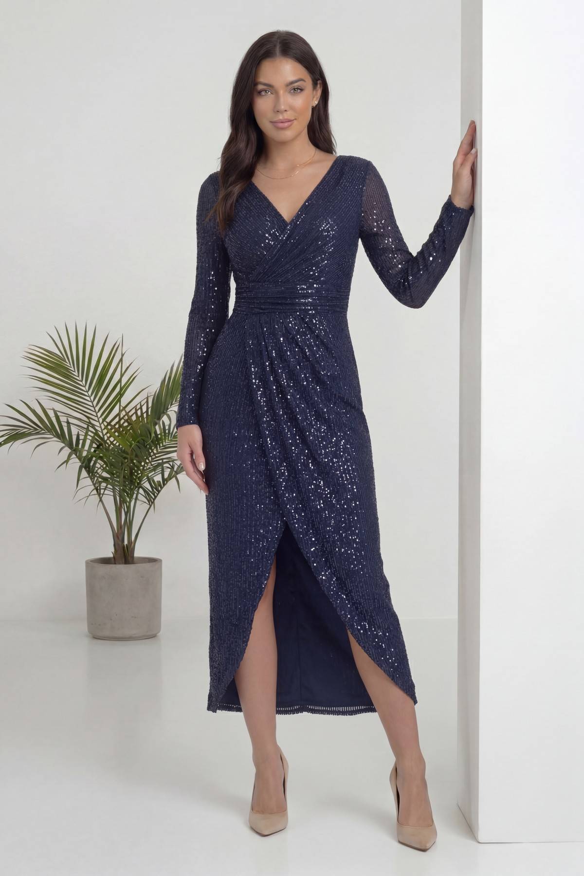 Büyük Beden Lacivert Pul Payet Kruvaze Uzun Kollu Midi Abiye