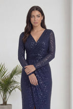 Lacivert Kruvaze Yaka Payet Tasarım Uzun Kollu Abiye Elbise