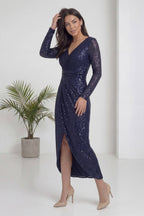 Lacivert Kruvaze Yaka Payet Tasarım Uzun Kollu Abiye Elbise