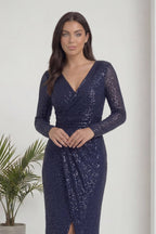 Lacivert Kruvaze Yaka Payet Tasarım Uzun Kollu Abiye Elbise