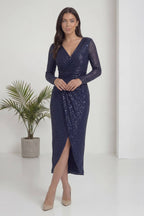 Lacivert Kruvaze Yaka Payet Tasarım Uzun Kollu Abiye Elbise