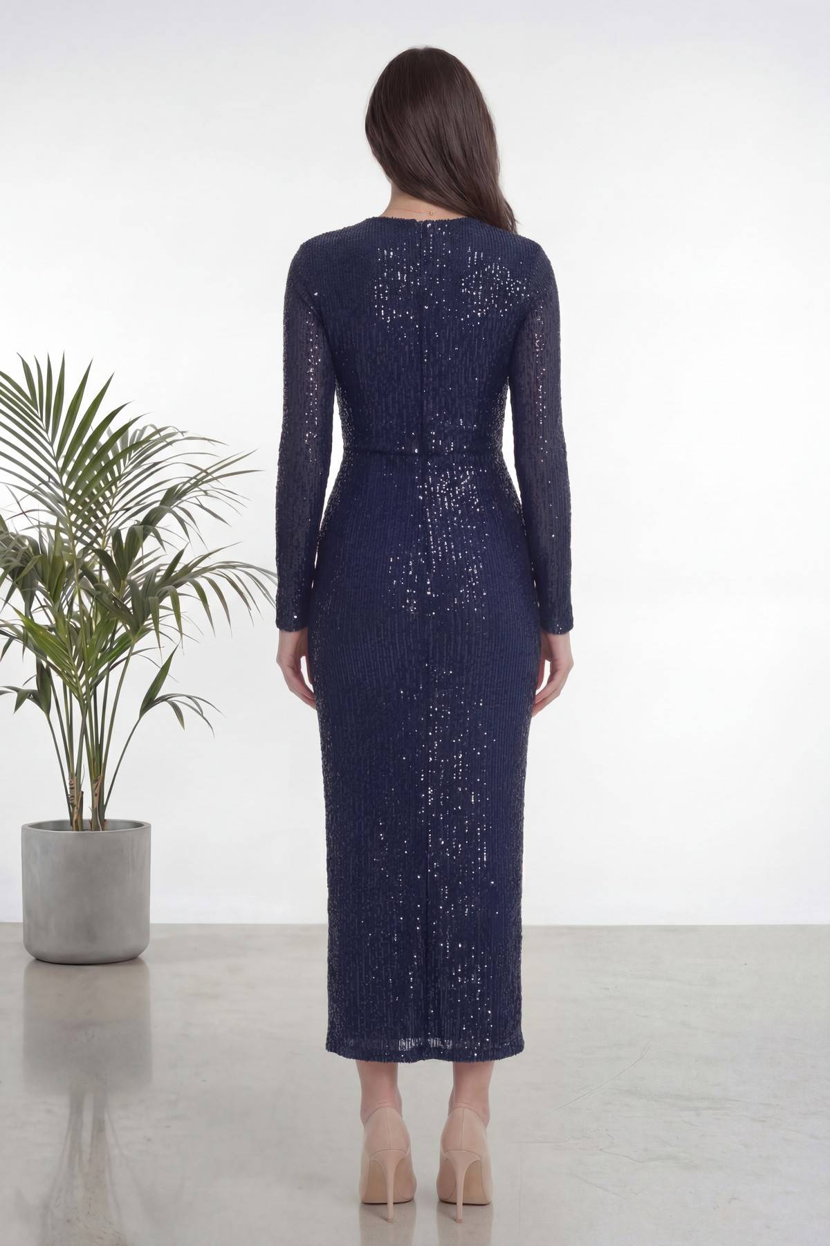 Lacivert Kruvaze Yaka Payet Tasarım Uzun Kollu Abiye Elbise