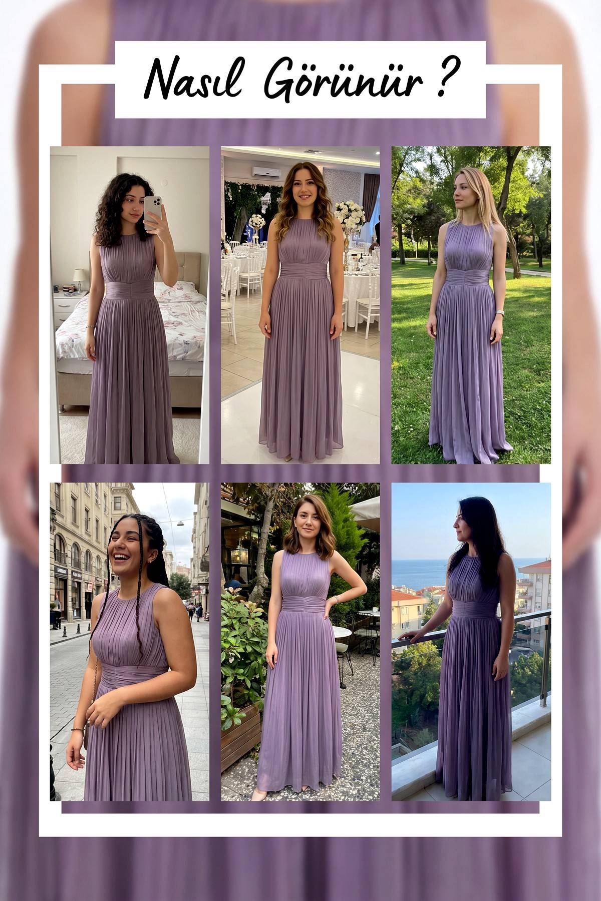 Lila Maxi Piliseli Belden Oturtmalı Abiye Elbise denemeleri