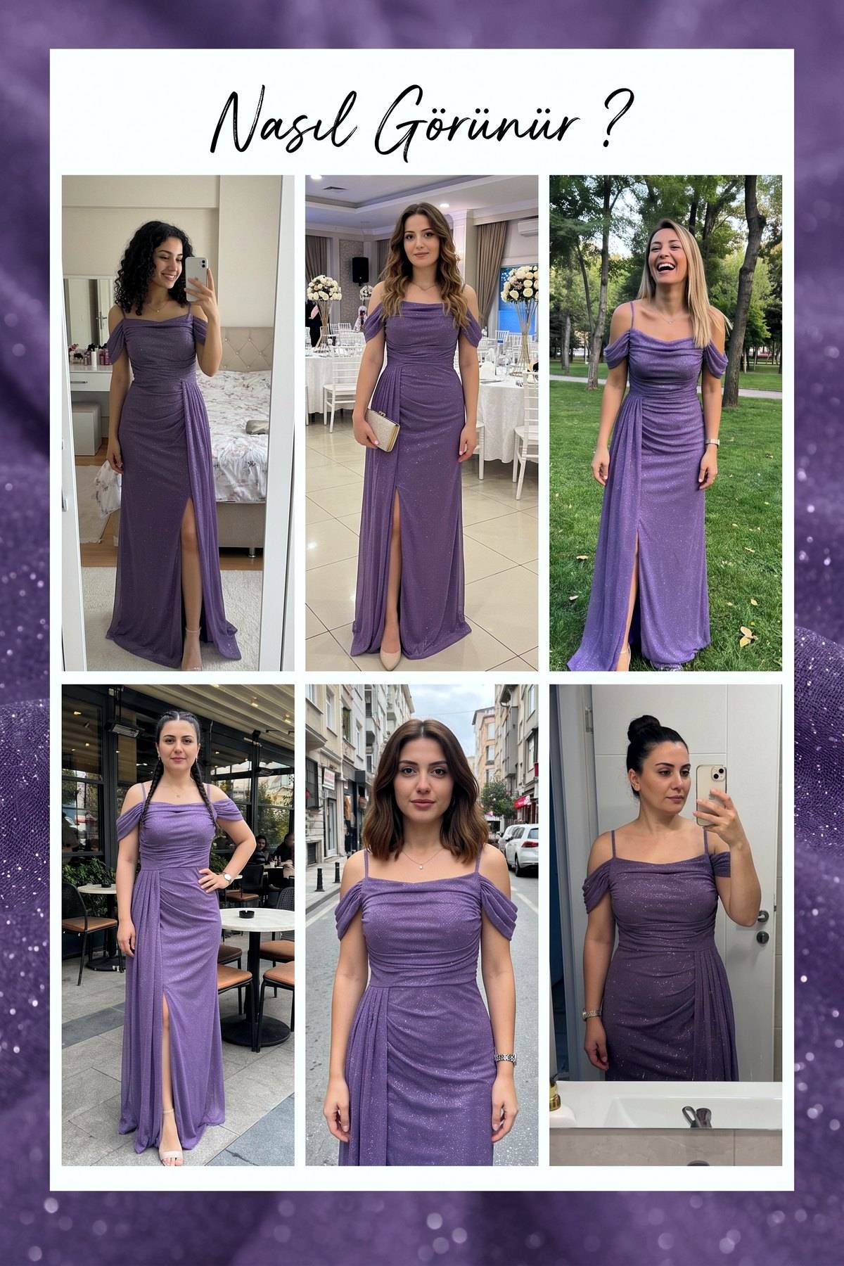 Lila Askılı Düşük Omuz Yırtmaç Detay Abiye Elbise Denemeleri

