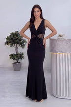 Siyah beli büzgü detaylı uzun boy dantel pencereli abiye kadın