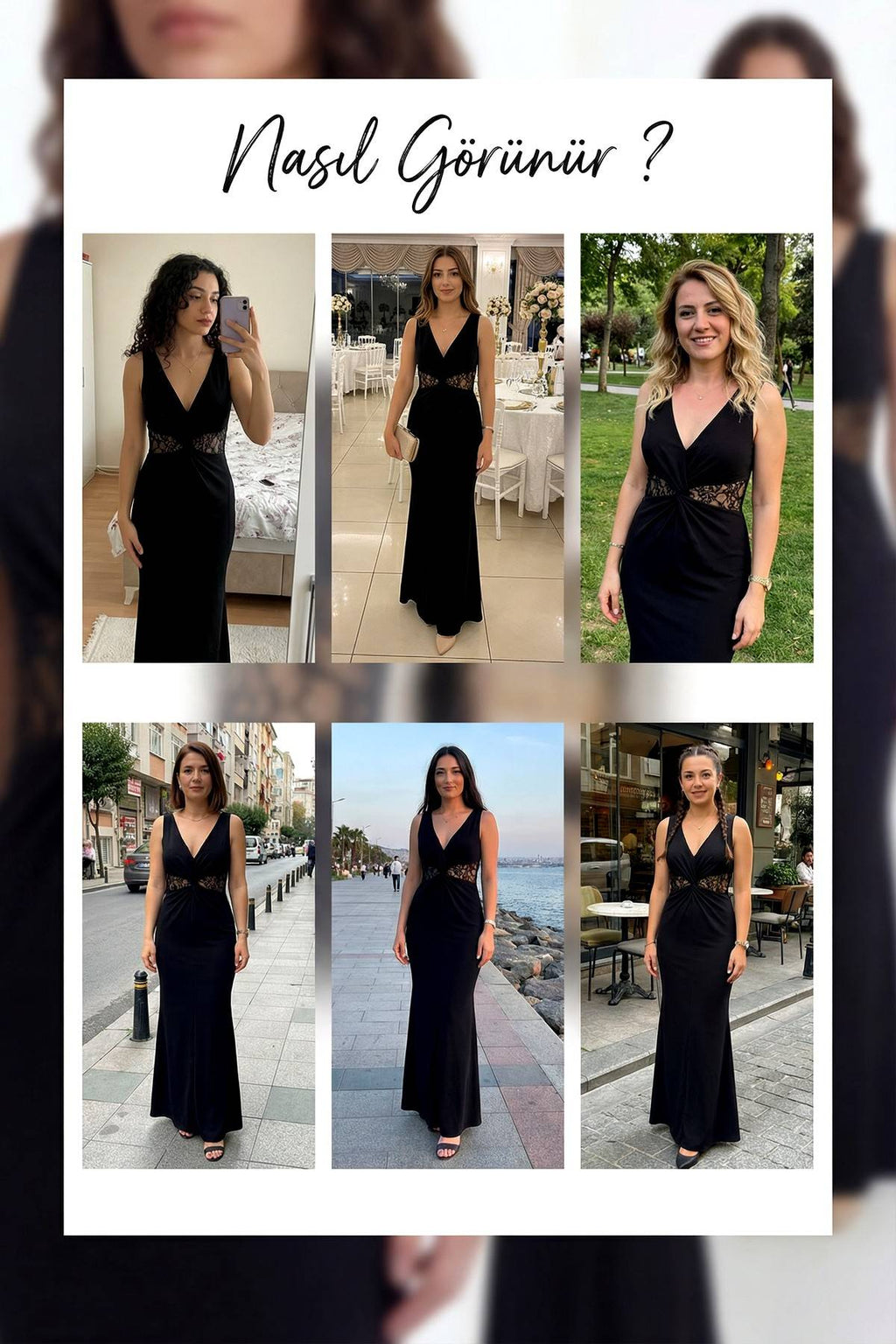 Siyah dantel pencereli büzgülü uzun abiye denemeleri