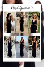 Siyah dantel pencereli büzgülü uzun abiye denemeleri