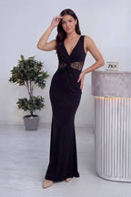 Uzun siyah balık kadın v yaka dantel detaylı kolsuz abiye 