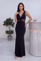 Balık model kadın siyah abiye özel gün için  dantelli uzun boy kolsuz 