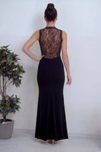 Sırtı dantel detay transparan balık model siyah uzun abiye 