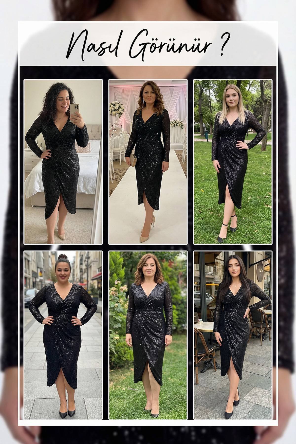 Siyah Kruvaze Yaka Payet Tasarım Uzun Kollu Abiye Elbise