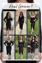 Büyük Beden Siyah Pul Payet Kruvaze Uzun Kollu Midi Abiye