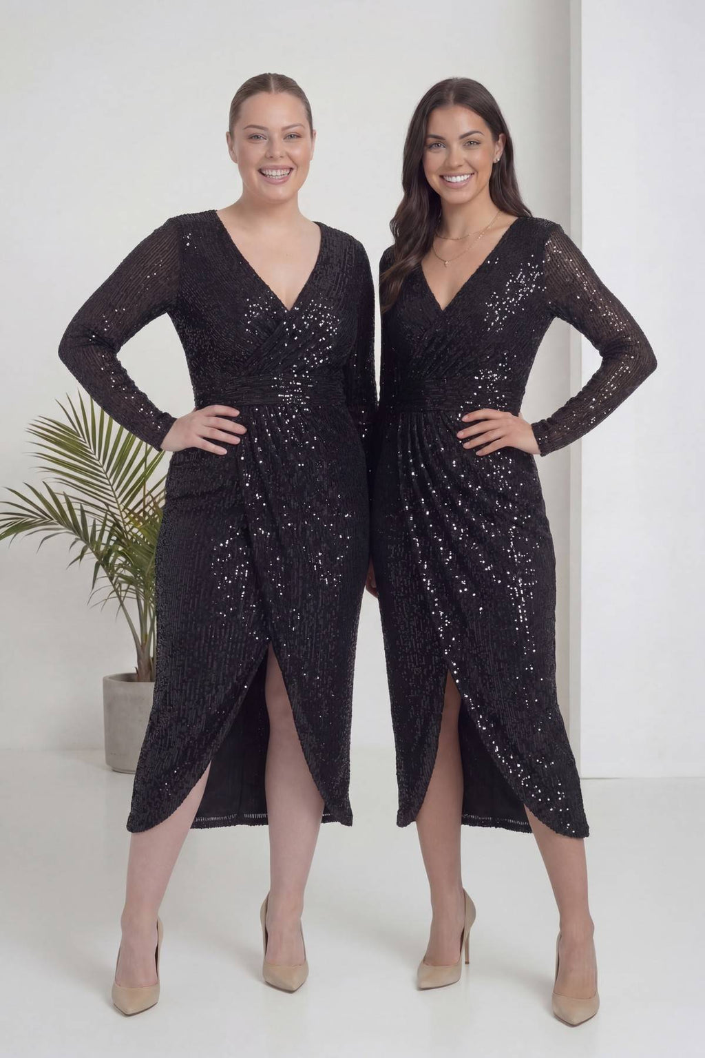 Büyük Beden Siyah Pul Payet Kruvaze Uzun Kollu Midi Abiye