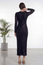 Siyah Kruvaze Yaka Payet Tasarım Uzun Kollu Abiye Elbise