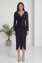 Siyah Kruvaze Yaka Payet Tasarım Uzun Kollu Abiye Elbise