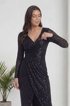 Siyah Kruvaze Yaka Payet Tasarım Uzun Kollu Abiye Elbise