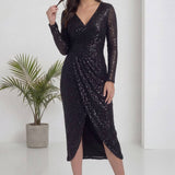 Siyah Kruvaze Yaka Payet Tasarım Uzun Kollu Abiye Elbise