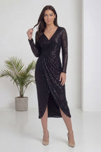 Büyük Beden Siyah Pul Payet Kruvaze Uzun Kollu Midi Abiye